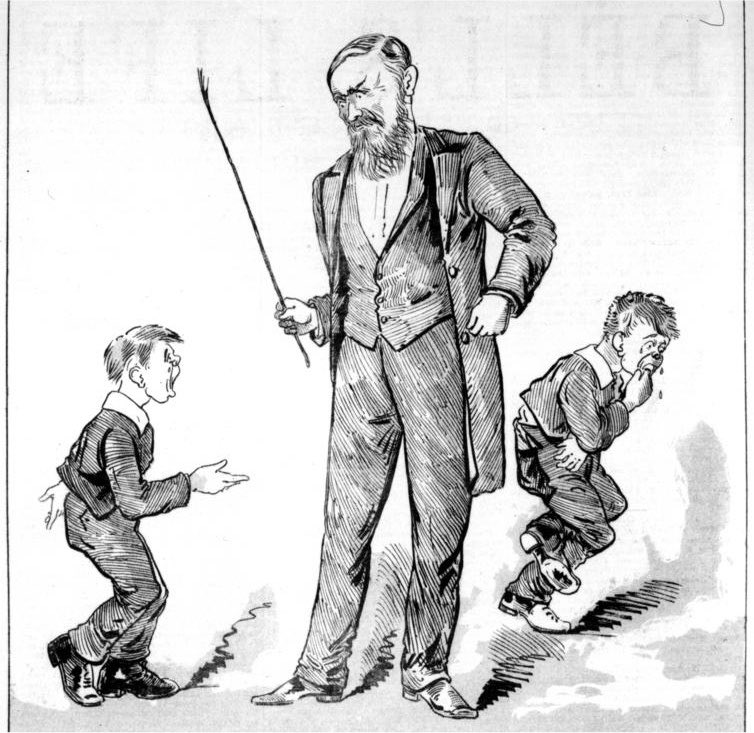 קריקטורת הענשת תלמידים במקל, 1888 ויקיפדיה. להרחבה: דאר היום, ארכיון העיתונות